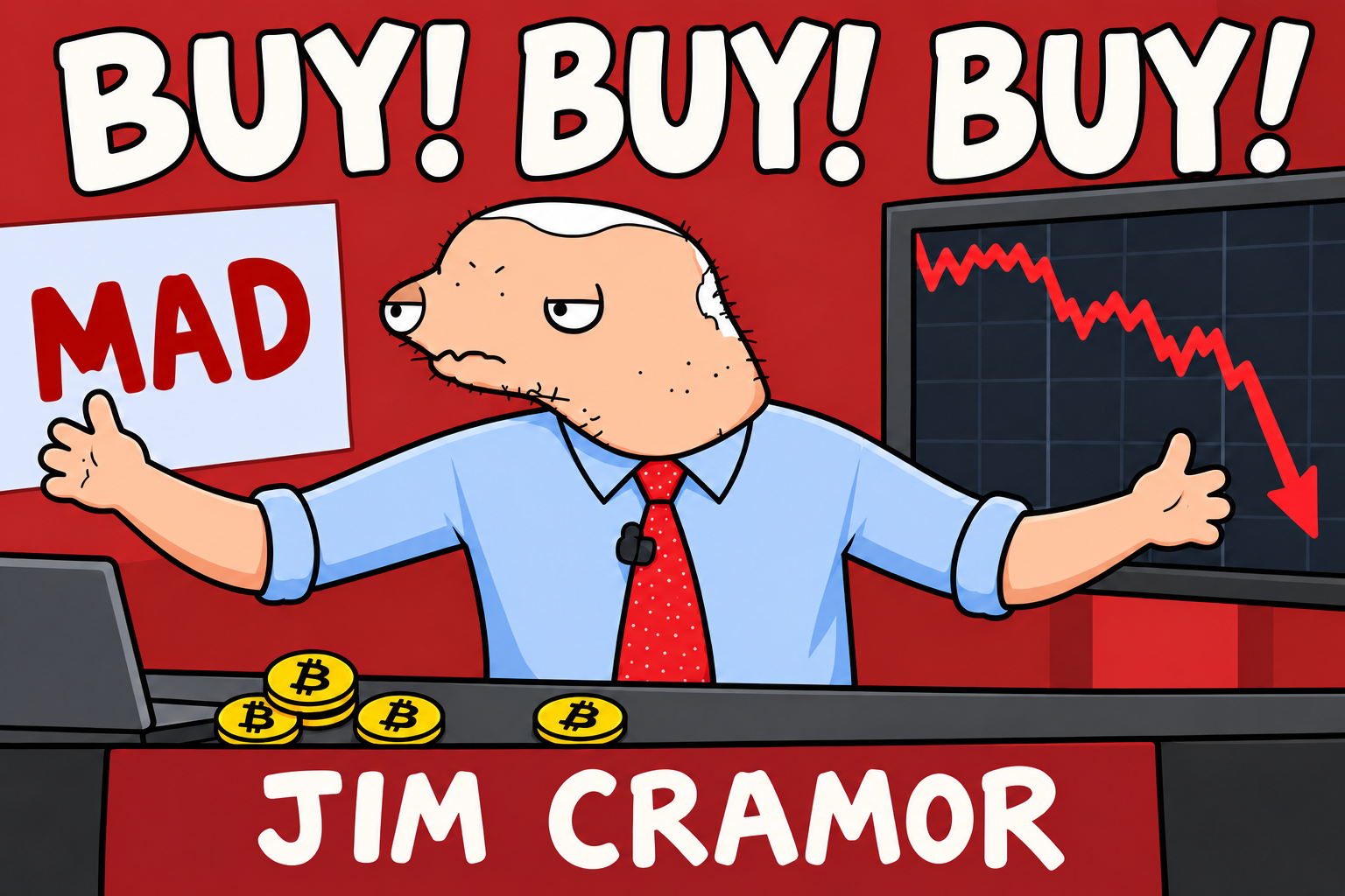 Jim yells buy as the stock price plummets behind him