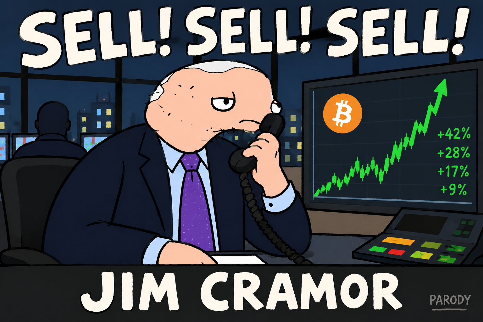 Jim yells sell into the phone while the market rallies behind him